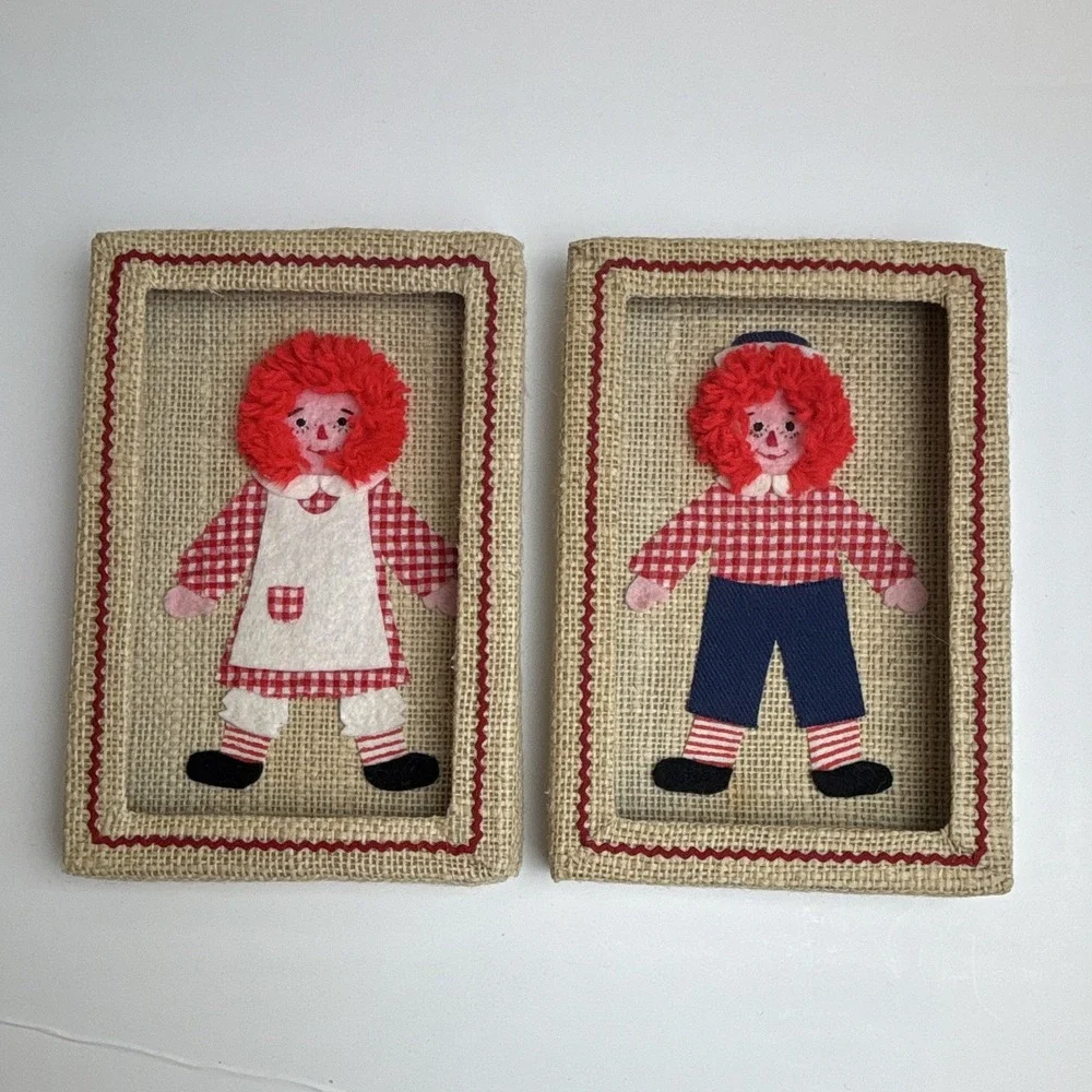 Vintage Raggedy Ann & Andy Burlap  5x7 Gingham set wall art nursery, collectible
